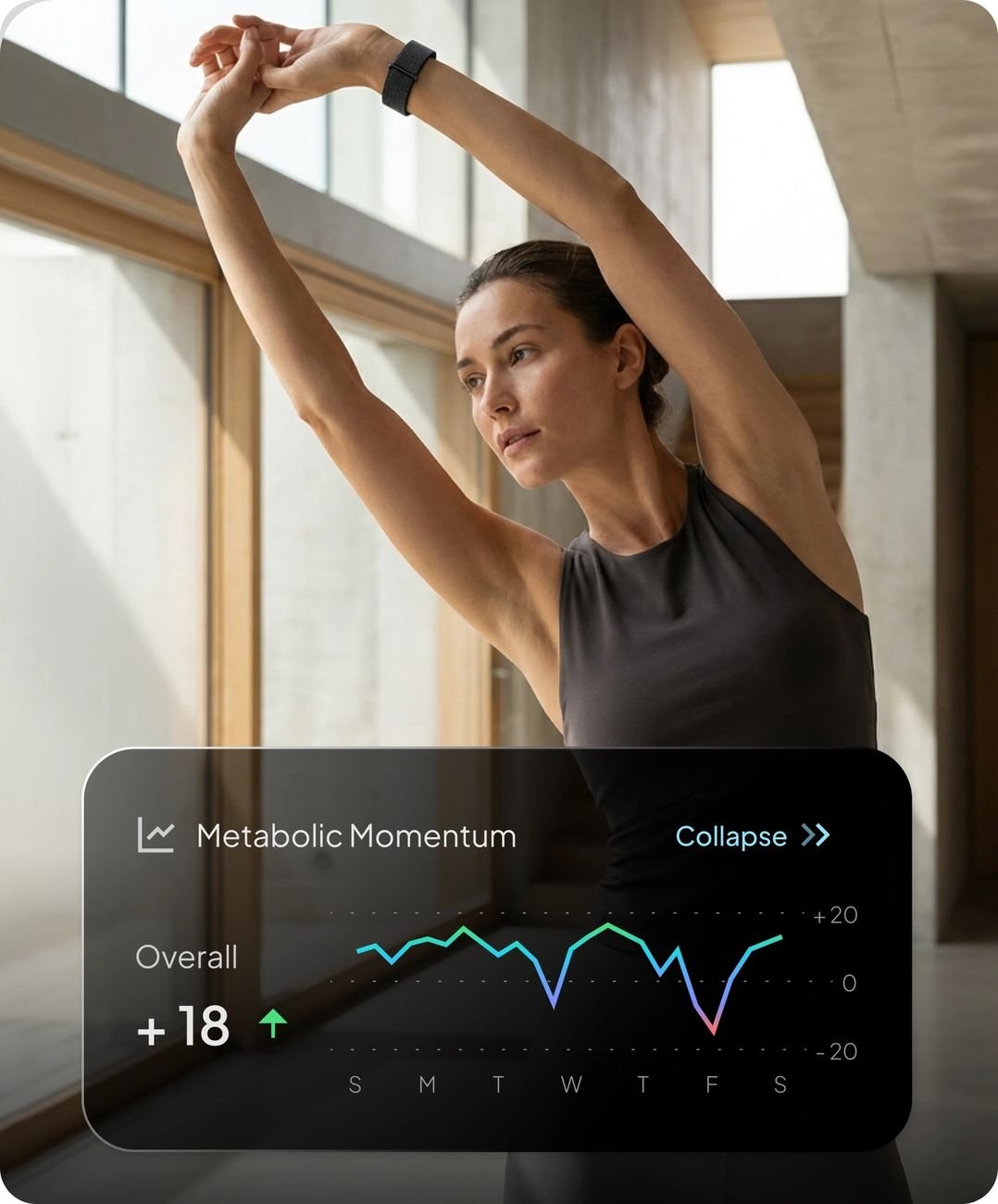 Woman stretching while wearing Hume Band — Metabolic Momentum graph on screen