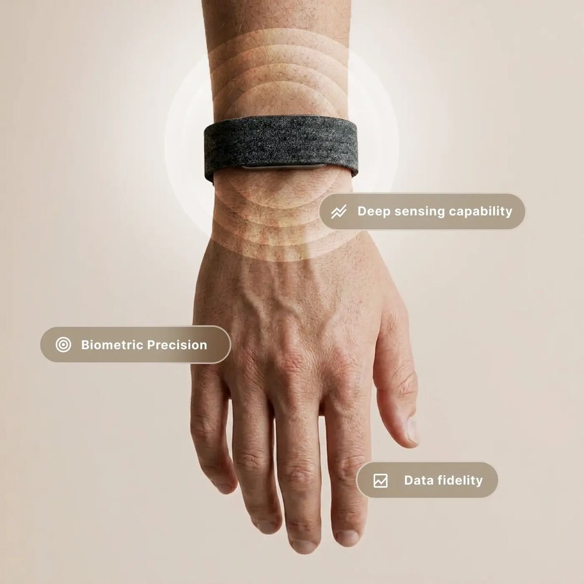 Close-up of the Hume Band 2.0 on the wrist highlighting biometric precision and sensing accuracy