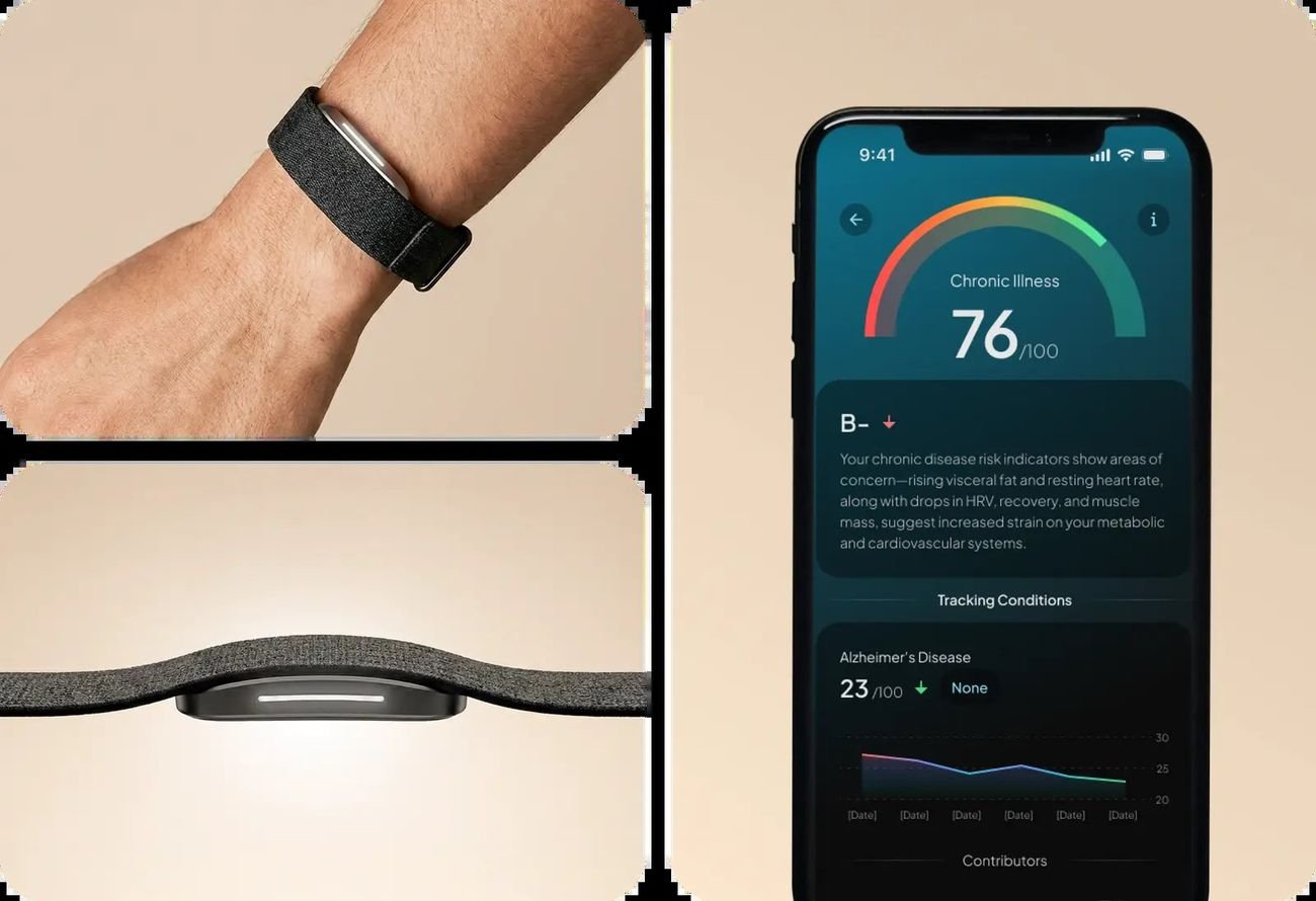 Hume Band on the wrist next to a phone showing a chronic illness risk score in the app