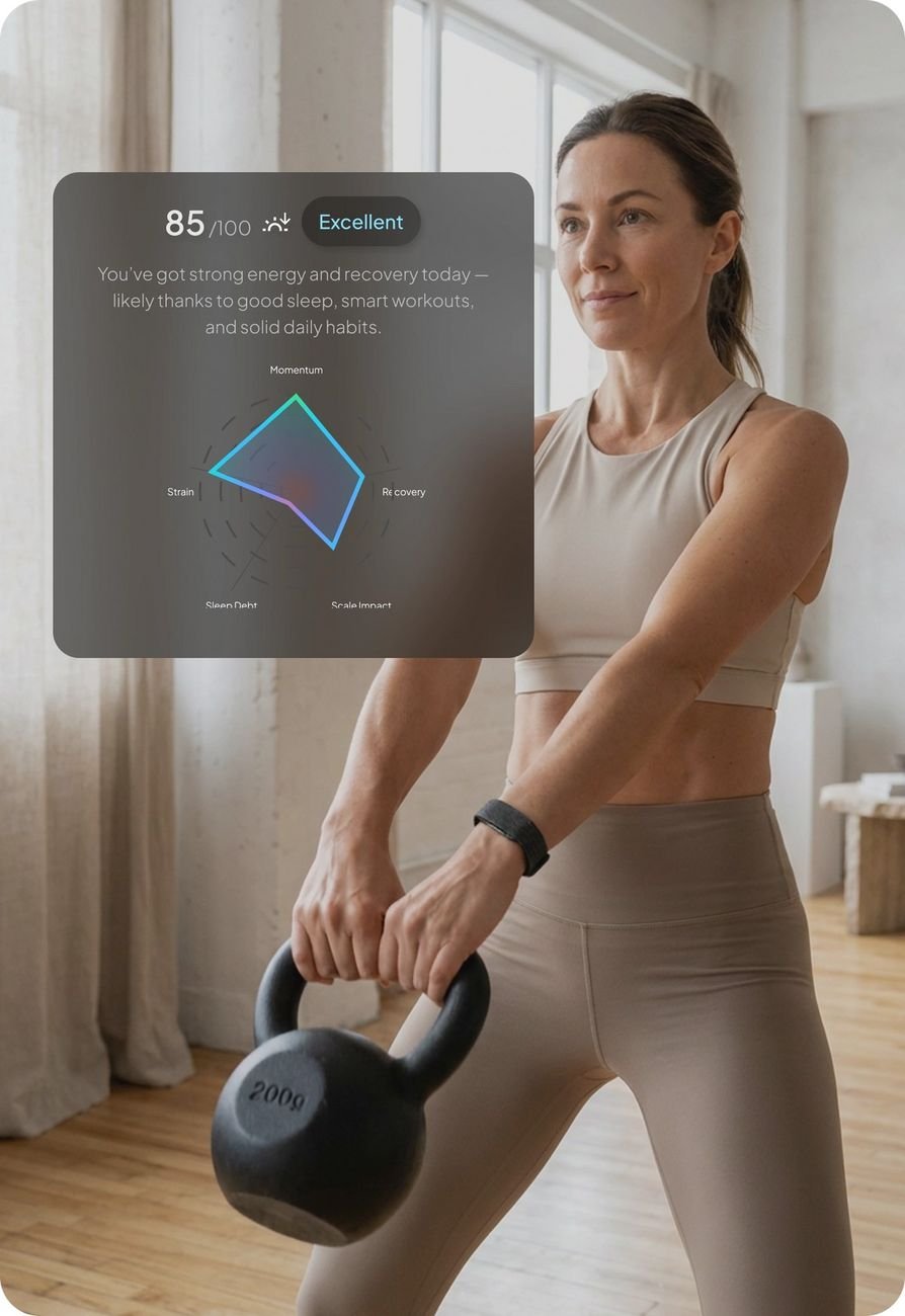 Woman exercising with kettlebell while wearing Hume Band — Metabolic Capacity reading in app