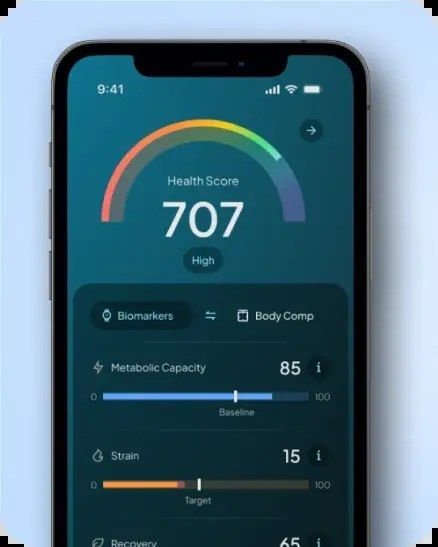 Hume Health app screen showing overall health score and metabolic capacity breakdown
